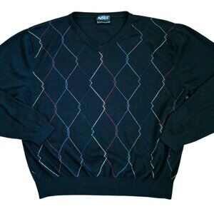 Mens Thin Preppy Sweater Argyle Black Pullover V-neck Bamboo Sz XL Y2K‎ Rainbow